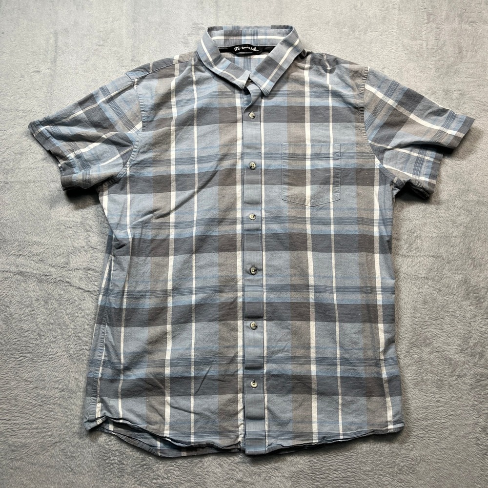 Travis‎ Mathew Button Down Shirt Mens Blue Plaid Short Sleeve Stretch Golf Large